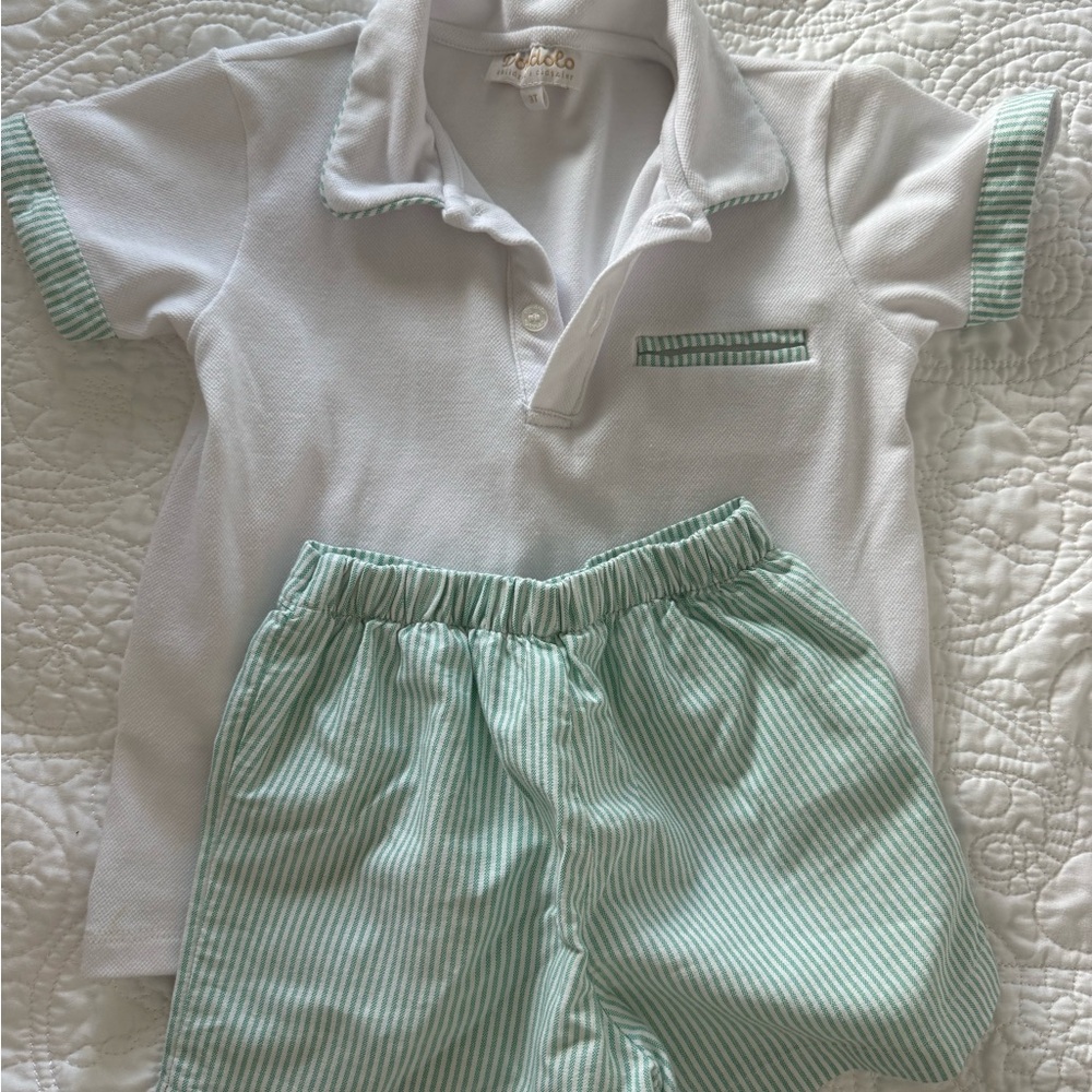 Dondolo boys matching set. White Polo Top & Mint Green Striped Shorts Set. 3T